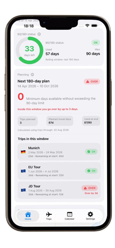 App planning view showing upcoming trips and Schengen allowance warnings