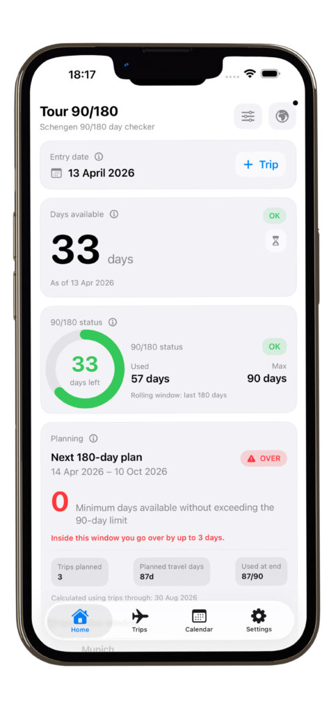Tour 90/180 app showing remaining Schengen days and future trip warnings